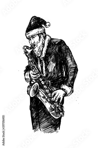 skatch of santa plays saxophone hand draw