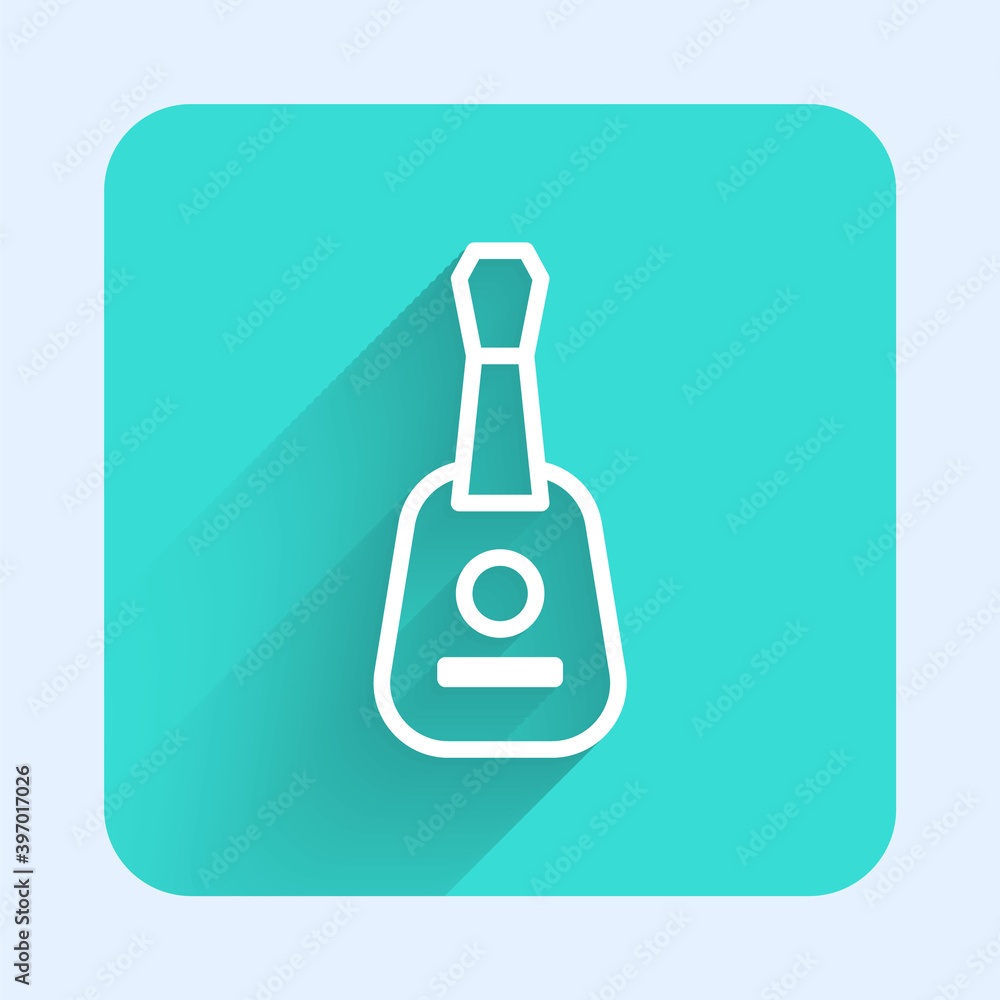 White line Guitar icon isolated with long shadow. Acoustic guitar. String musical instrument. Green square button. Vector. White line Guitar icon isolated with long shadow. Acoustic guitar. String musical instrument. Green square button. Vector.