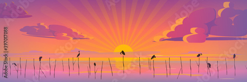 Gorgeous sunset on in warm pink and purple tones. Birds rest in the foreground. Colorful landscape of the sun, sea, cranes. Vector eps illustration.