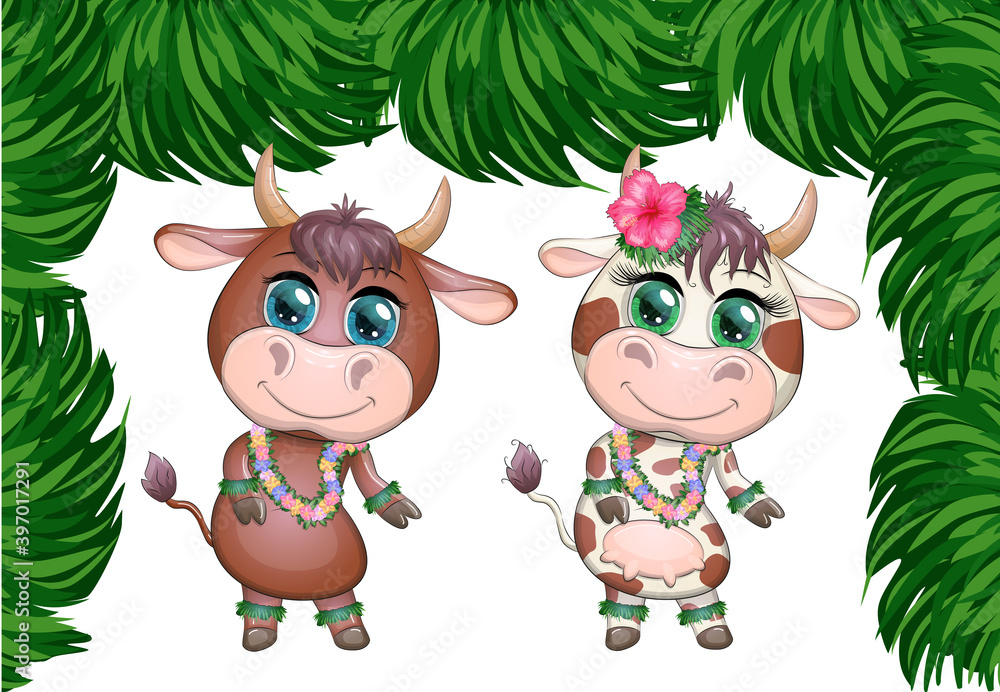 Naklejka premium A pair of cute cartoon bull and cow with beautiful eyes is the character of a Hawaiian hula dancer among leaves