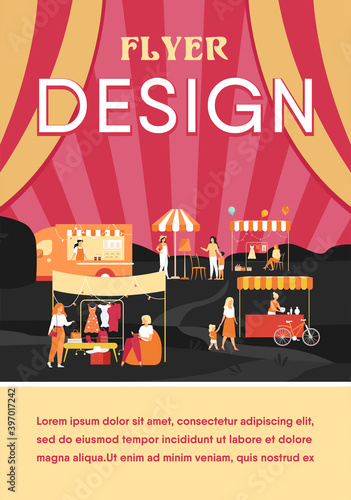 Happy people at street season flea market flat vector illustration. Cartoon crowd walking at park during summer fair. Sale community and marketplace concept