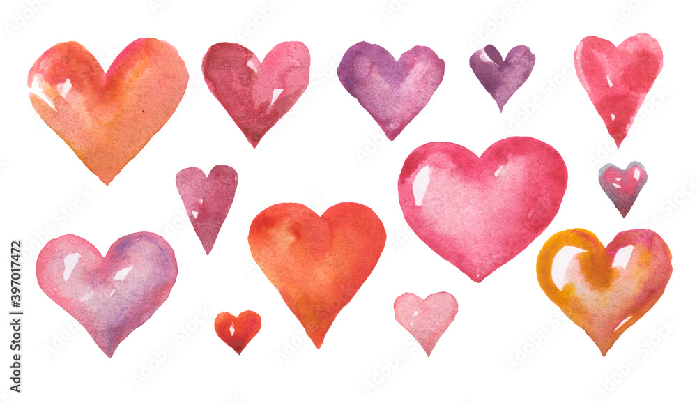 watercolor set of hearts