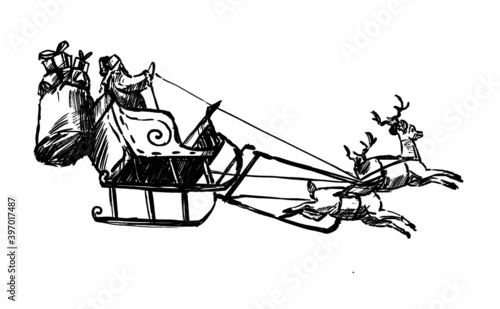 Drawing of the Santa claus is driving reindeer 
