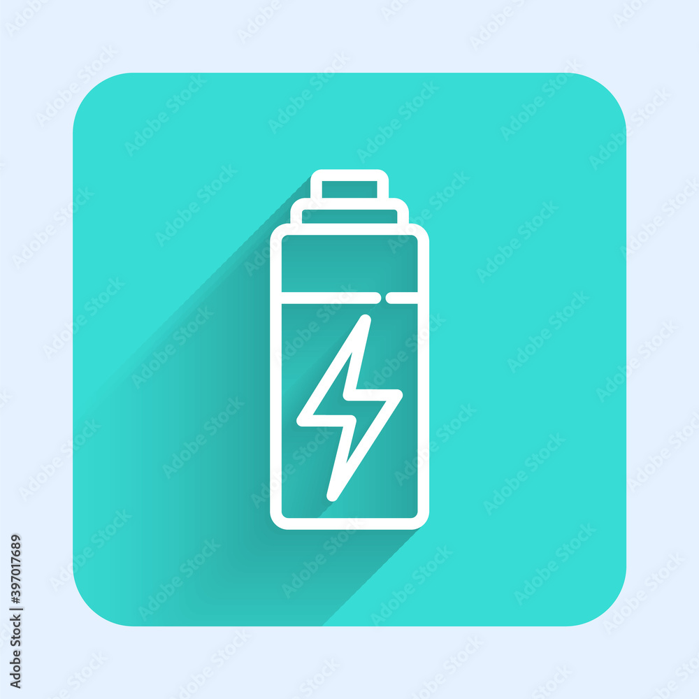 White line Battery icon isolated with long shadow. Lightning bolt symbol. Green square button. Vector. White line Battery icon isolated with long shadow. Lightning bolt symbol. Green square button. Vector.