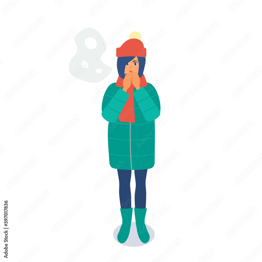 Woman in winter outfit vector flat illustration. Female gets cold in the winter