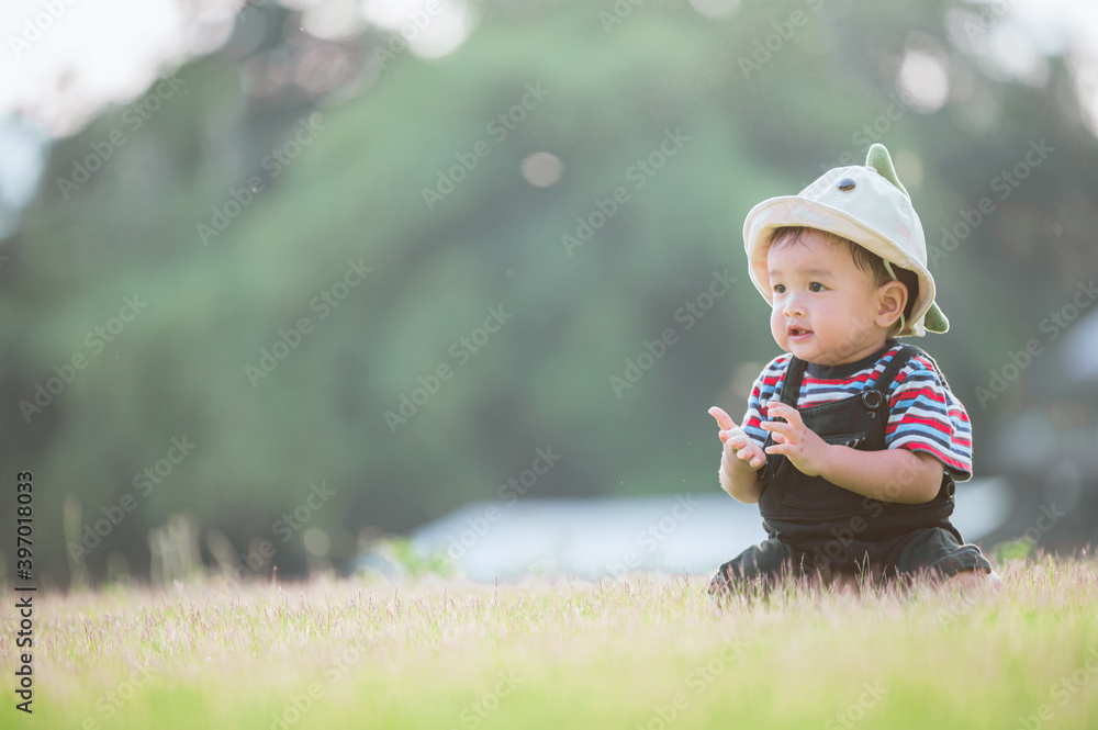 Cute laughing baby boy having fun sitting on green grass Cute laughing baby boy having fun sitting on green grass