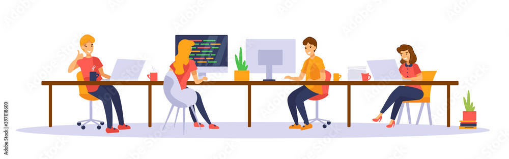 People work together in office. Men and women sitting at the desk with computers. Isolated on white.