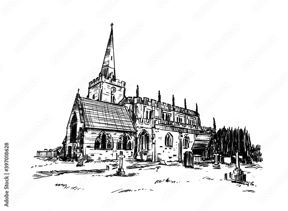 Sketch of the old church hand draw