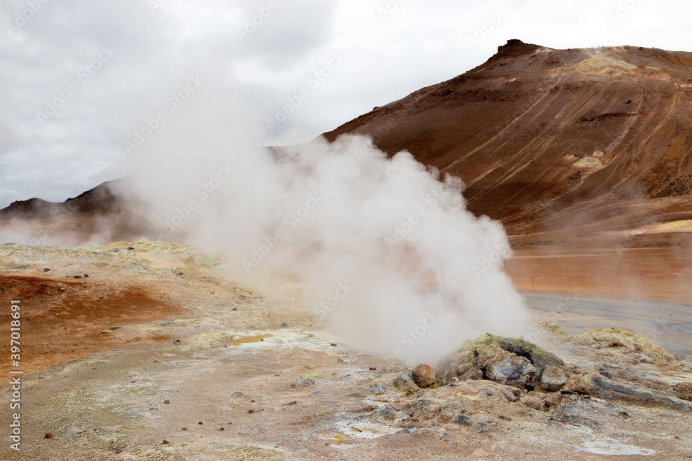 Geothermal alternative energy concept. Hverir geothermal area in the north of Iceland near Lake Myvatn.