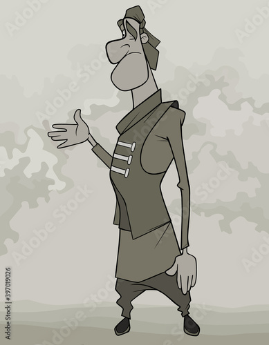 cartoon puzzled man in bandana waved his hand to the side in frustration