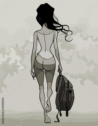 cartoon sexy woman in sportswear with backpack walks barefoot