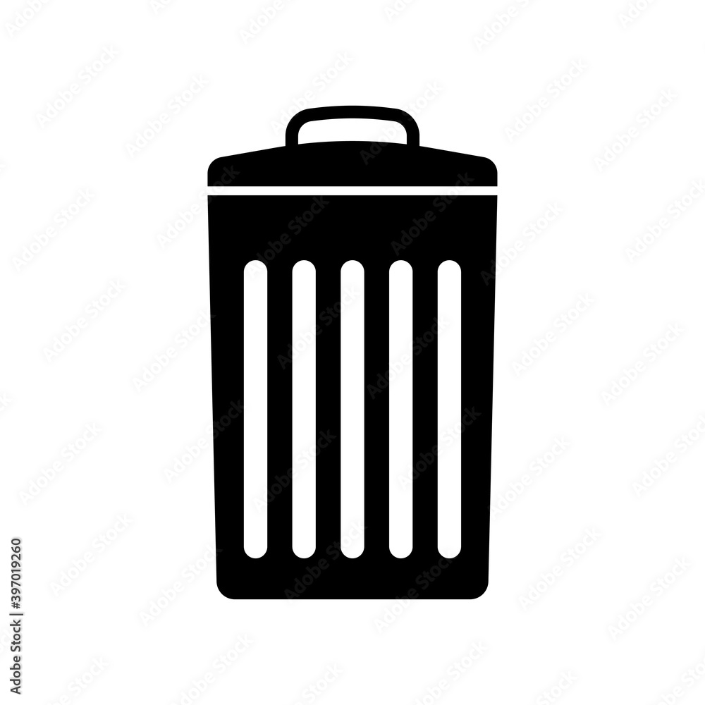 Trash bin icon. Black silhouette. Vector flat graphic illustration. The isolated object on a white background. Isolate. Trash bin icon. Black silhouette. Vector flat graphic illustration. The isolated object on a white background. Isolate.