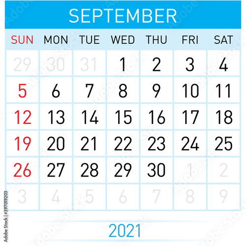 September Planner Calendar 2021. Illustration of Calendar in Simple and Clean Table Style for Template Design on White Background. Week Starts on Sunday