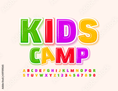 Vector Bright Logo Kids Camp. Colorful creative Font. Artistic Alphabet Letters and Numbers 