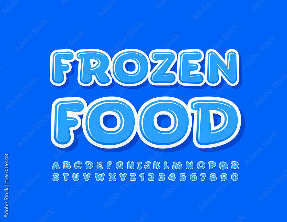 Vector modern sign Frozen Food. Blue comic Font. Set of Alphabet Letters and Numbers