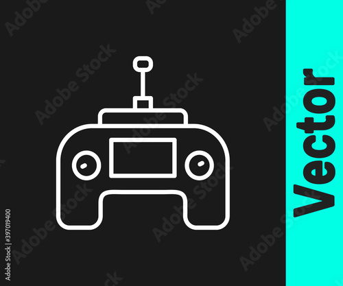 White line Drone radio remote control transmitter icon isolated on black background. Vector.