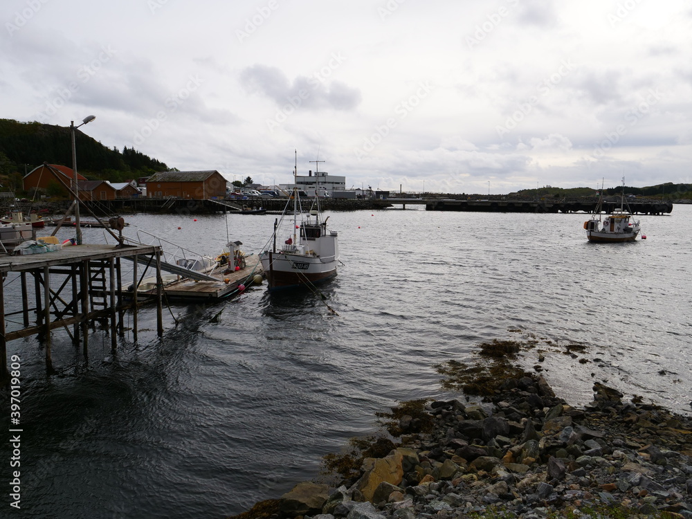 Fototapeta premium The view on the village of Sorvagen in the southern of the Lofoten islands. september 2019.
