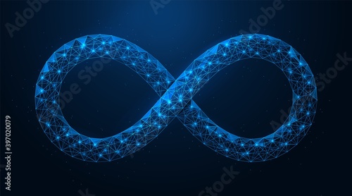 Symbol of infinity. Low-poly construction of concatenated lines and dots. Blue background.