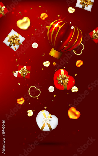 Red Valentine's Day background with 3d various hearts and gift boxes