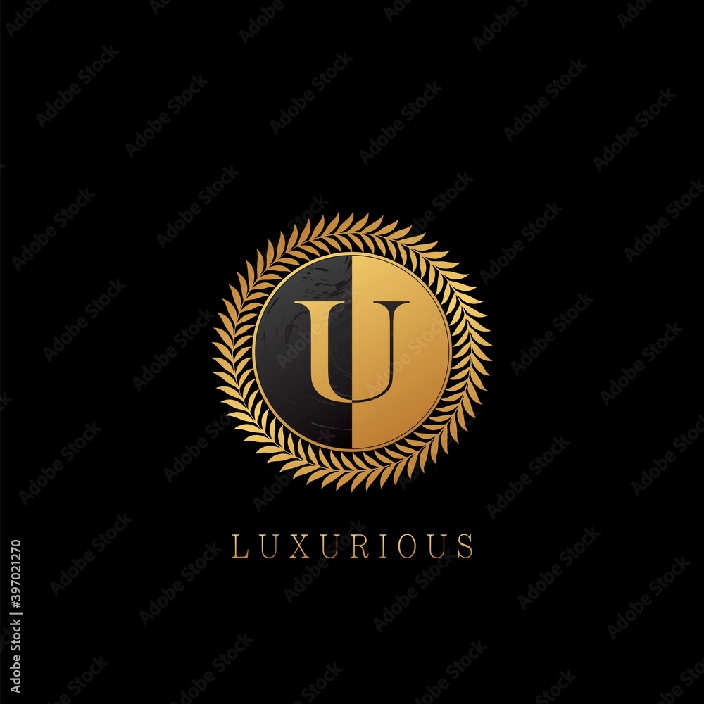 Naklejka premium Golden U letter Logo Luxurious Nature Leaves, elegance vector design concept circle floral leaves with negative space letter logo.