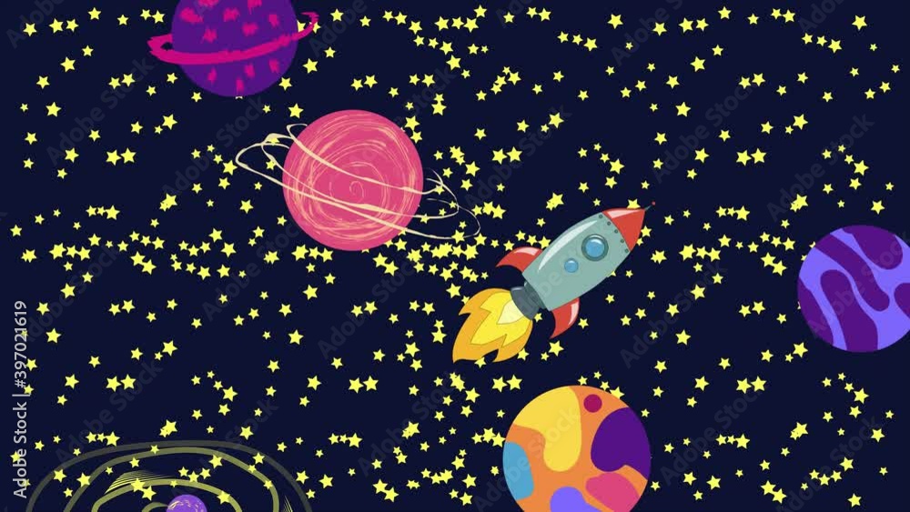 Cartoon Space. Cartoon rocket flies in outer space past the suspended planets, satellites and other objects. Flat loopback animation. Cartoon Space. Cartoon rocket flies in outer space past the suspended planets, satellites and other objects. Flat loopback animation.