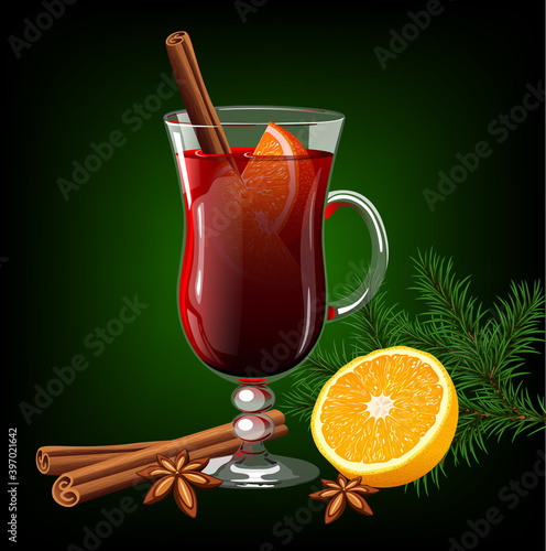 Сhristmas hot mulled wine with orange,cinnamon and anise. Vector illustration.