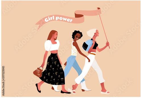 International Women s Day. Girl power or feminist banner. 8 March. Happy sexy girls walking. Vector template with beautiful women for card, poster or flyer.