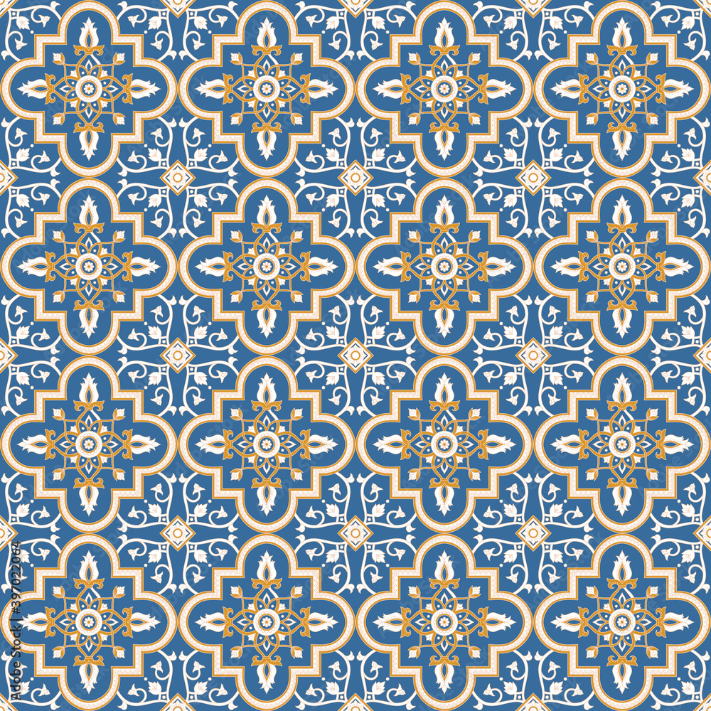 Islamic tile pattern vector seamless with arabesque floral motifs. Italian majolica, portuguese azulejos, mexican talavera and spanish ceramic. Mosaic background for kitchen wall or bathroom floor.