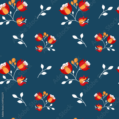 Bright flowers on a blue background. Seamless pattern. Vector graphics.