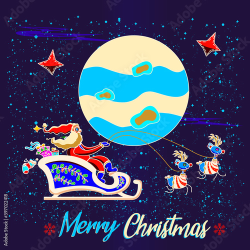 Feliz Navidad y feliz año nuevo. Tarjeta de saludo con  Santa Claus y ciervos con luna de fondo.  Vector.