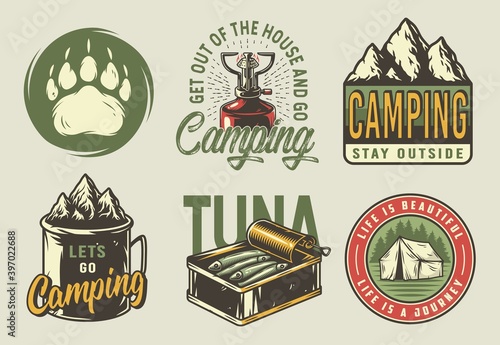 Set of camping and travel emblems or print, patch, including gas burner, bear footprint, metal mug, mountain and rock, tuna fish in tin can, tent