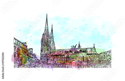 Building view with landmark of Clermont-Ferrand is a city and commune of France. Watercolour splash with hand drawn sketch illustration in vector. photo