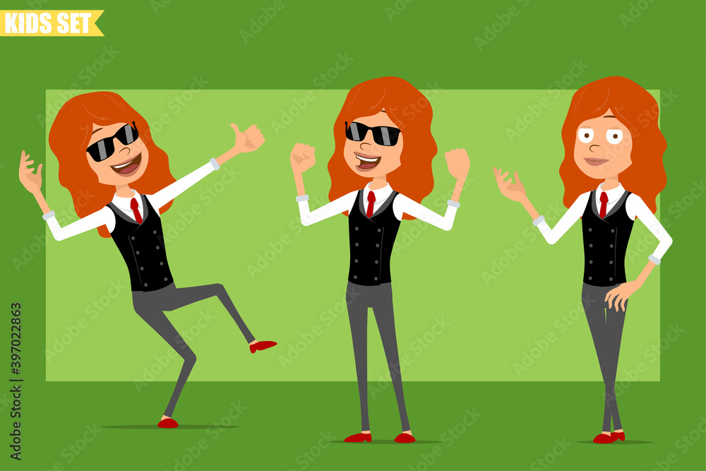 Cartoon flat funny little redhead girl character in business suit with red tie. Kid posing, showing muscles and thumbs up sign. Ready for animation. Isolated on green background. Vector set. Cartoon flat funny little redhead girl character in business suit with red tie. Kid posing, showing muscles and thumbs up sign. Ready for animation. Isolated on green background. Vector set.