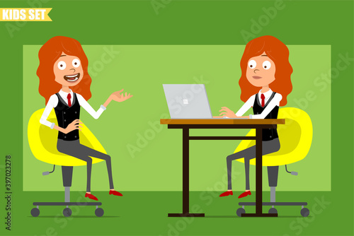 Cartoon flat funny little redhead girl character in business suit with red tie. Kid posing, working on laptop and resting on chair. Ready for animation. Isolated on green background. Vector set.