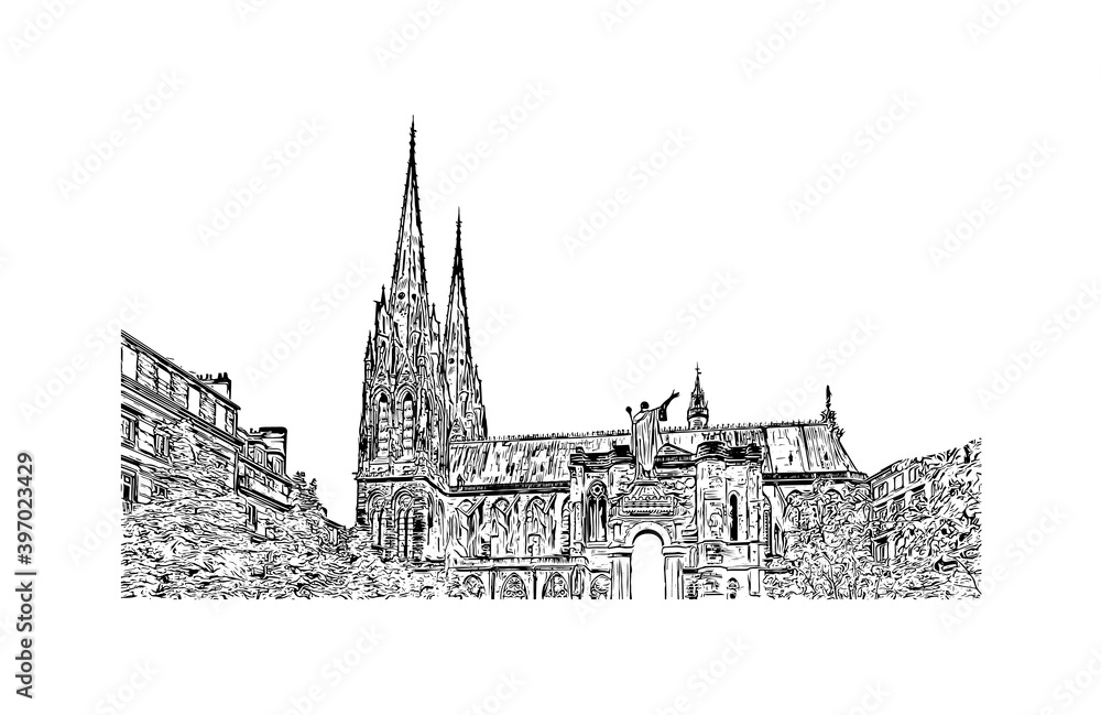 Building view with landmark of Clermont-Ferrand is a city and commune of France. Hand drawn sketch illustration in vector.