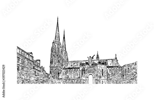 Obraz na płótnie Building view with landmark of Clermont-Ferrand is a city and commune of France. Hand drawn sketch illustration in vector. w salonie