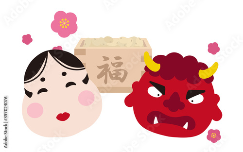 お多福と赤鬼と豆　節分