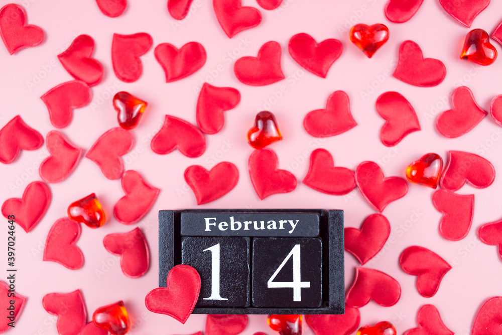Date of February 14 and red hearts, on a pink background. Valentines day background