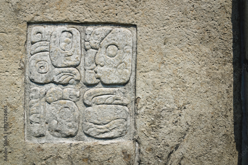 Basrelief carving of Mayan signs at the archaeological site of Palenque, Chiapas, Mexico Basrelief carving of Mayan signs at the archaeological site of Palenque, Chiapas, Mexico