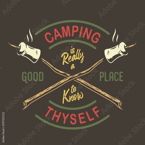 Camp wooden stick with marshmallows for camping and outdoor travel expedition or t-shirt print