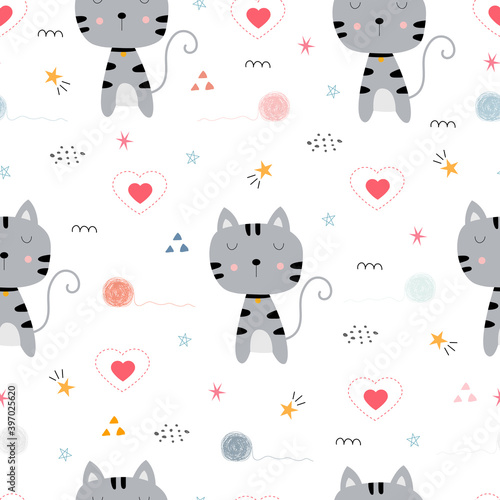 Fototapeta Naklejka Na Ścianę i Meble -  Cute cat with heart icon Seamless pattern hand drawn in childish style, use for print, wallpaper, fabric pattern, textiles. Vector illustration
