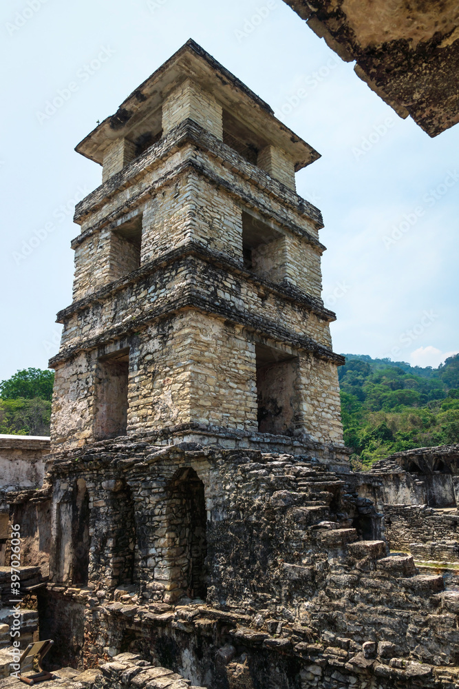 Maya temple ruin observation tower of palace, Palanque, Chiapas, Mexico