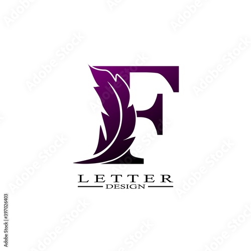 Initial Letter F Logo with feather. Trendy Design concept luxury feather element