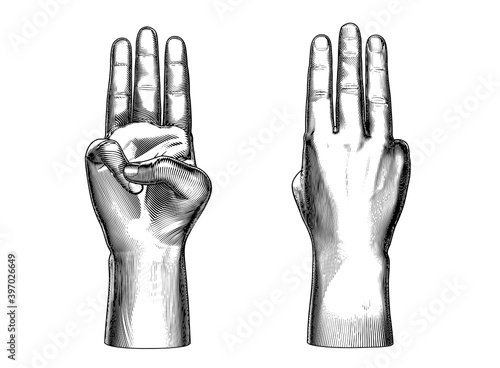 Abstract engraving three fingers hand gesture illustration on white BG