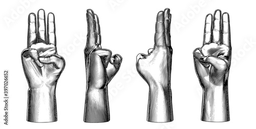 Abstract engraving three fingers hand gesture illustration on white BG