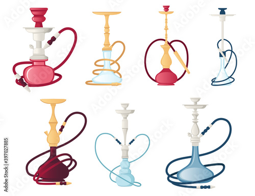 Set of modern and classic hookah unhealthy tool for smoking flat vector illustration