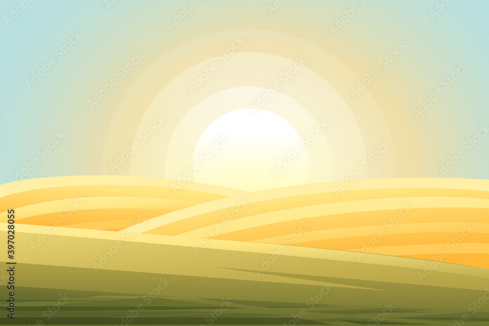 Rural morning landscape with hills and dales agricultural fields flat vector illustration