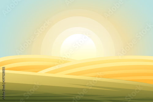 Rural morning landscape with hills and dales agricultural fields flat vector illustration