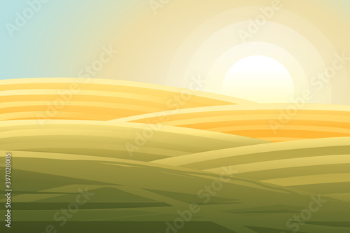 Rural morning landscape with hills and dales agricultural fields flat vector illustration