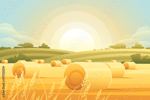 Rural morning landscape with hills and dales agricultural fields with roll of hay flat vector illustration